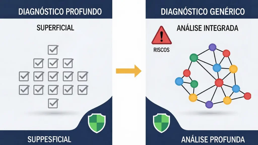 Checklists tratam sintomas isolados enquanto diagnóstico profundo conecta causas raízes entre diferentes áreas da empresa.