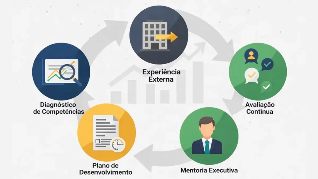 Cinco elementos da formação efetiva de sucessores: diagnóstico de competências, experiência externa, plano de desenvolvimento, mentoria executiva e avaliação contínua.