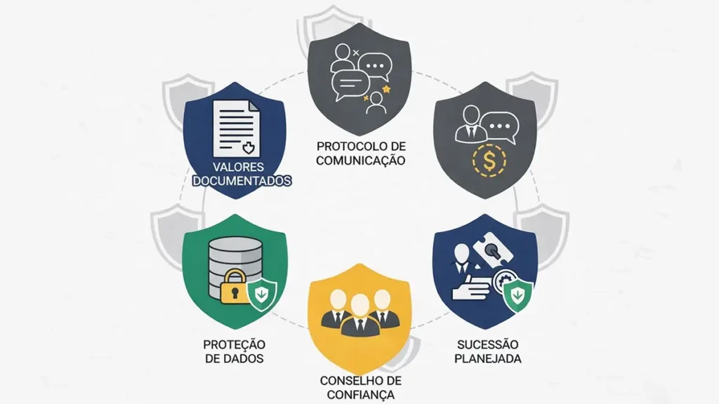 Cinco elementos da liderança discreta efetiva: valores documentados, protocolo de comunicação, conselho de confiança, proteção de dados e sucessão planejada.