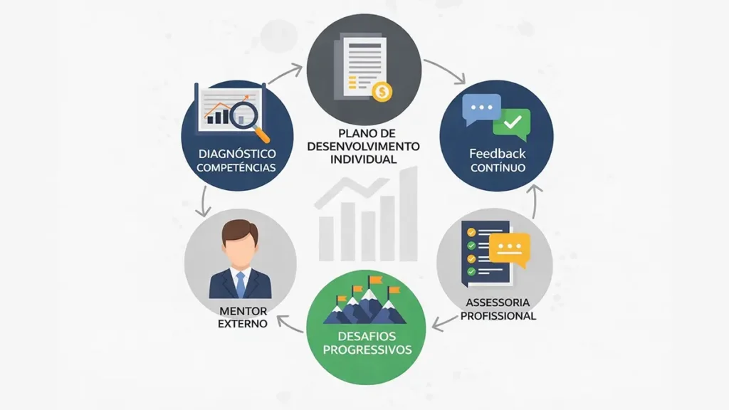Cinco elementos da mentoria efetiva: diagnóstico de competências, plano individual, mentor externo, desafios progressivos e feedback contínuo.