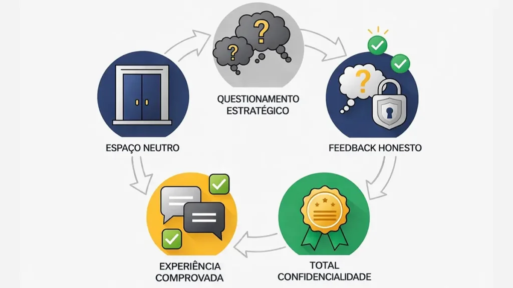 Cinco elementos da mentoria executiva efetiva: espaço neutro, questionamento estratégico, feedback honesto, experiência comprovada e confidencialidade total.