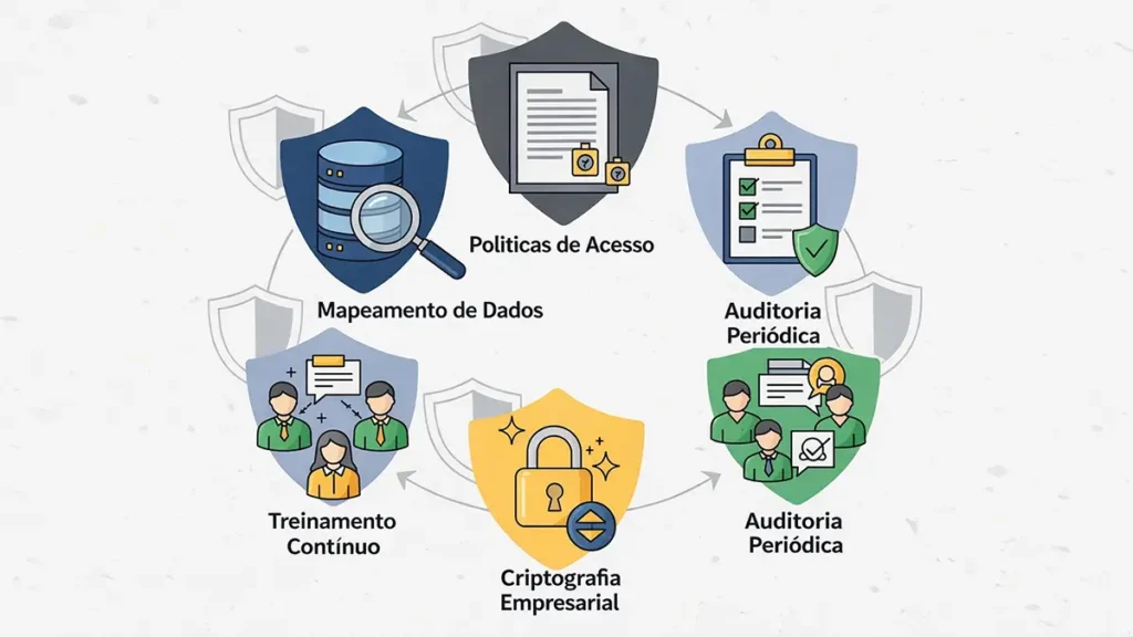 Cinco elementos da proteção de dados efetiva: mapeamento de dados, políticas de acesso, criptografia empresarial, treinamento contínuo e auditoria periódica.