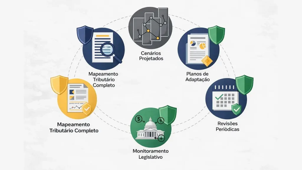 Cinco etapas da antecipação efetiva: mapeamento fiscal completo, cenários projetados, planos de adaptação, monitoramento legislativo e revisões periódicas.