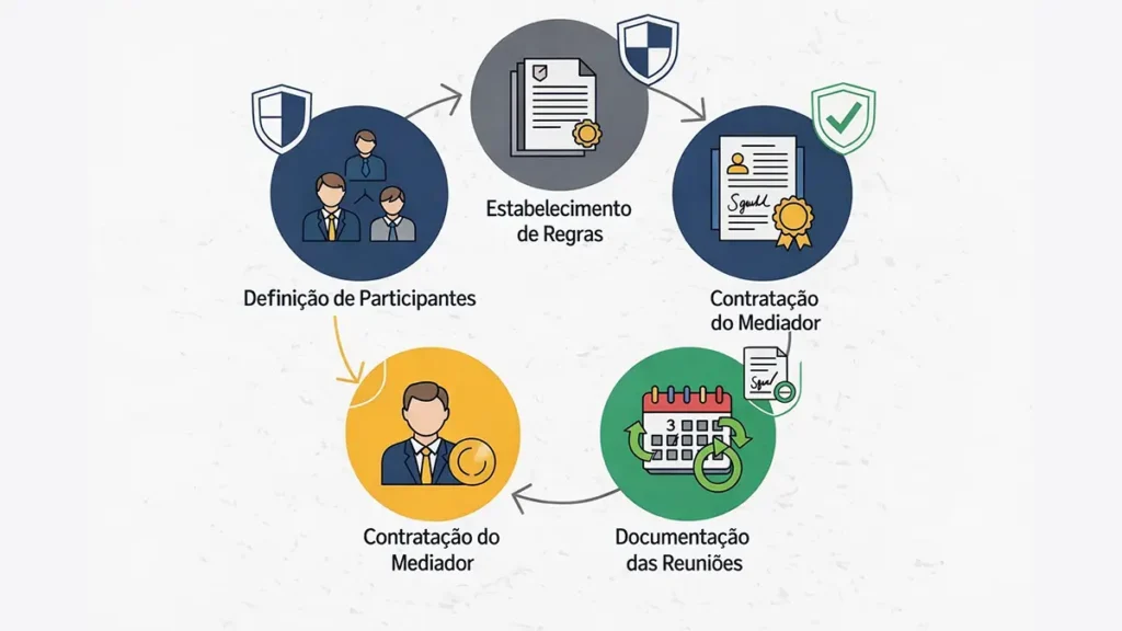 Cinco etapas da estruturação efetiva: definição de participantes, estabelecimento de regras, contratação de mediador, calendarização de encontros e documentação de decisões.