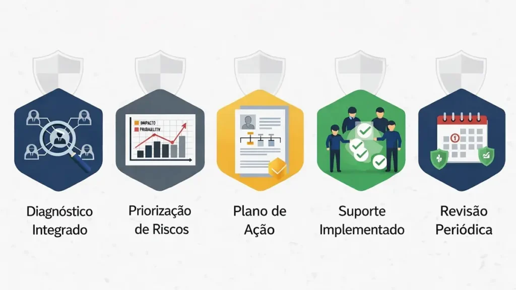 Cinco etapas do mapeamento efetivo: diagnóstico integrado, priorização de riscos, plano de ação, implementação acompanhada e revisão periódica.