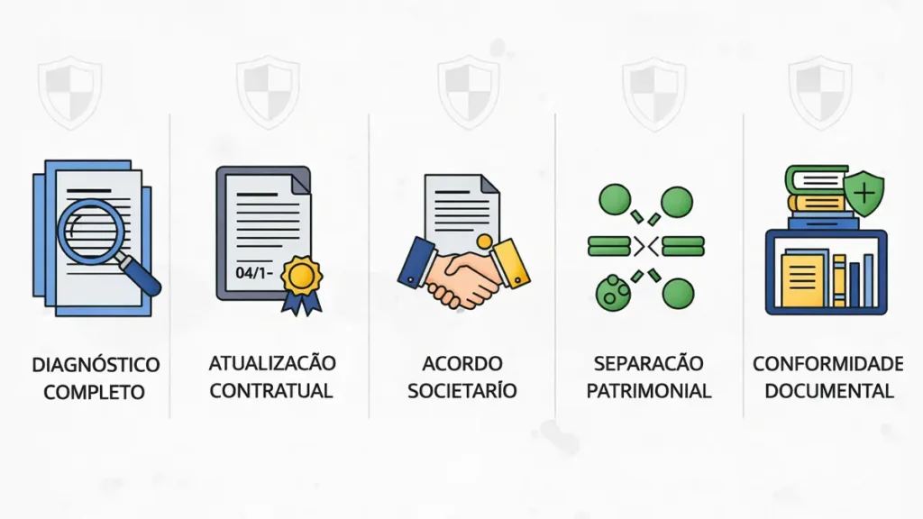 Cinco etapas para correção efetiva: diagnóstico completo, atualização contratual, acordo societário, separação patrimonial e compliance documental.