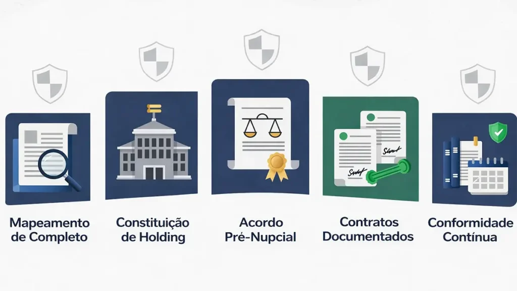 Cinco etapas para proteção patrimonial efetiva: mapeamento completo, constituição de holding, pacto antenupcial, contratos documentados e compliance contínuo.