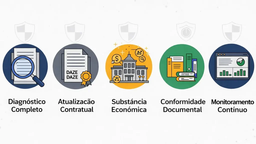 Cinco etapas para redesenho efetivo: diagnóstico completo, atualização contratual, substância econômica, compliance documental e monitoramento contínuo.