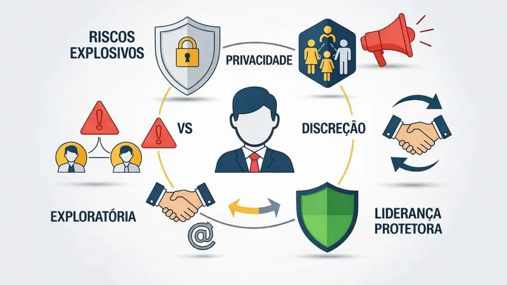 Liderança discreta protege negociações sensíveis e relações familiares contra exposições que comprometem perpetuação do legado.