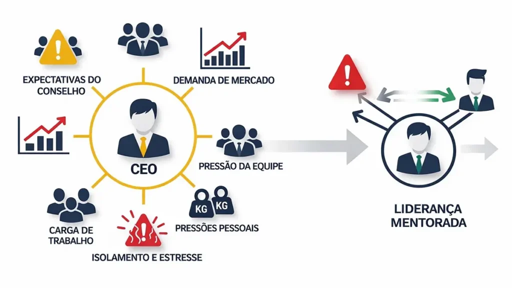 Pressão invisível da liderança executiva: decisões solitárias sob estresse comprometem qualidade estratégica e saúde do líder.
